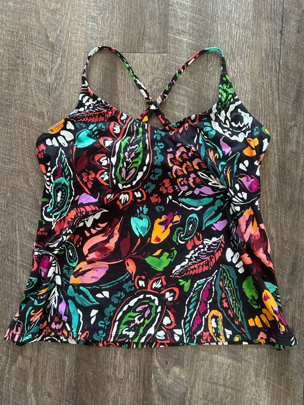 Anne Cole Black Multicolor Floral Print Strappy Cami Tankini Swim Top